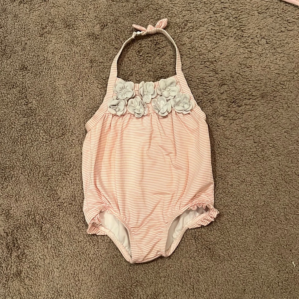 Janie and Jack swimsuit, size 12-18 mos, pink/white stripes with grey flowers